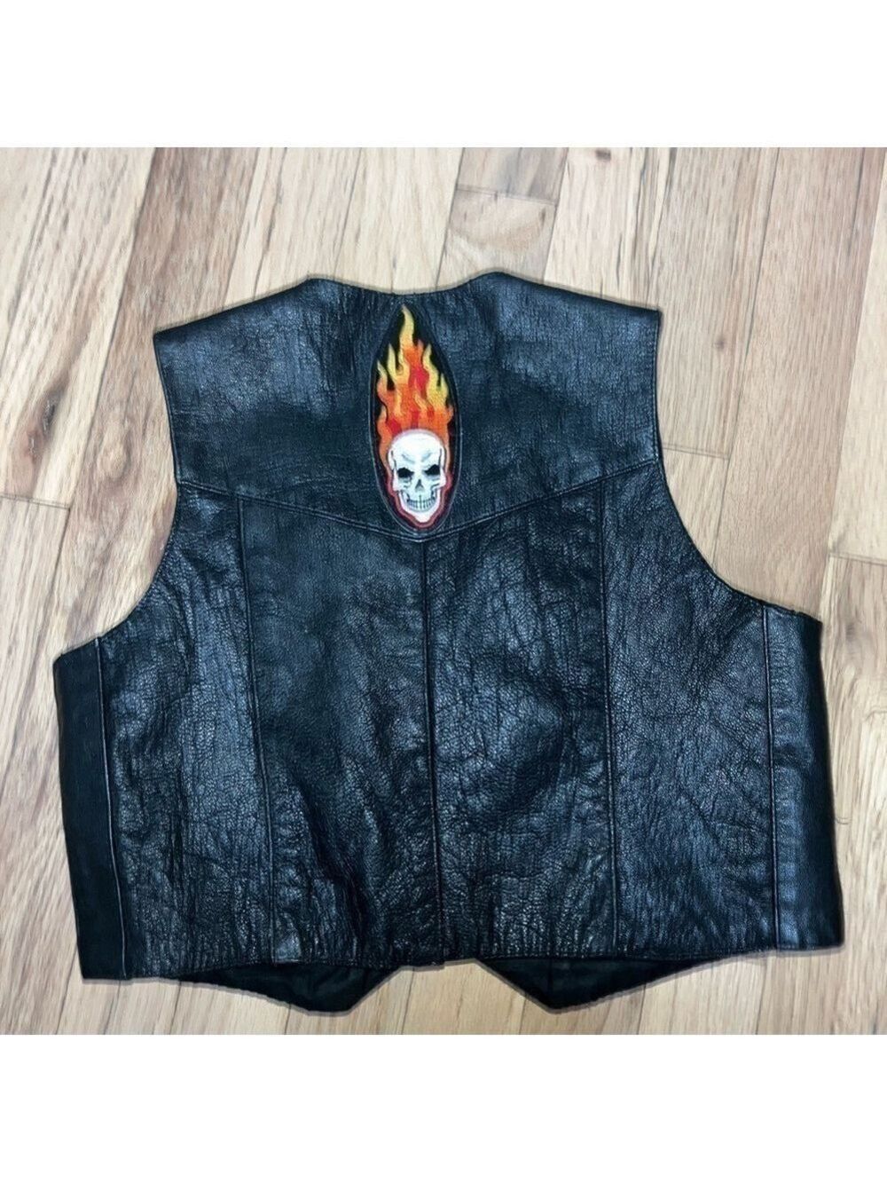 Vintage Genuine Leather Kids XL Biker Vest w/Awesome flaming skull on back